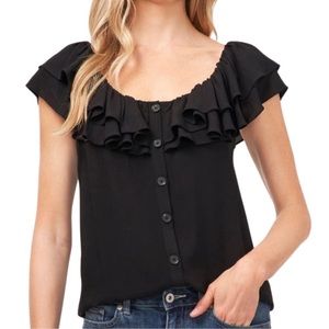 CeCe Black Ruffle Button-Front Blouse Feminine Short Sleeve Top